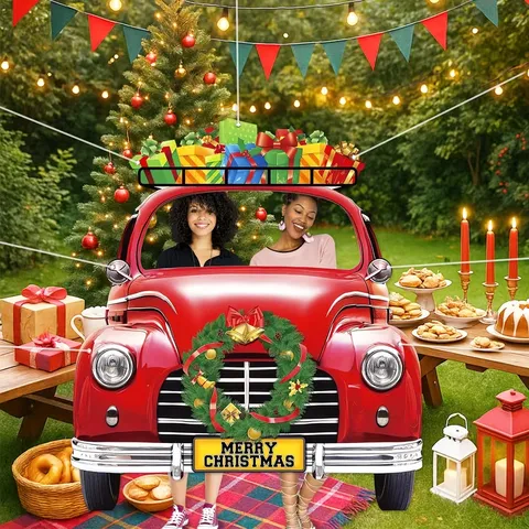 Merry Christmas Backdrop Vintage Red Truck Photography Background Festive Garland Gift Box Print Banner Holiday Party Photo Booth Props
