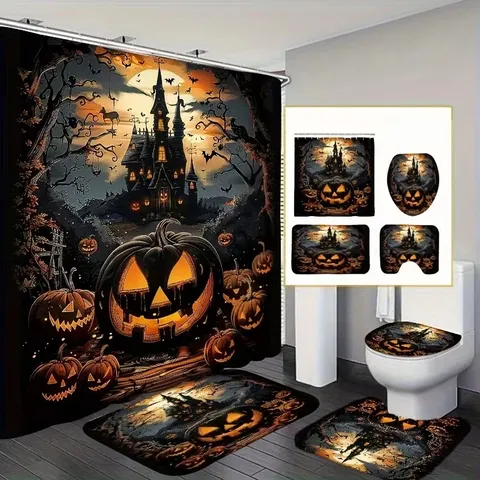 Halloween Kürbis Geist Druck Duschvorhang Set Wasserdicht Polyester Badezimmer Dekor Badematte Toilettendeckel Set