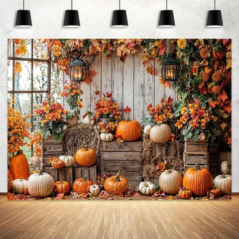 Fond de Photographie Rustique Moisson d'Automne Action de Grâce Cabane en Bois Citrouille Feuille d'Érable Décoration Murale