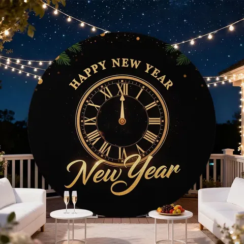 Happy New Year Round Backdrop Golden Clock Fireworks Printed Pongee Circle Background For Party Celebration Decoration