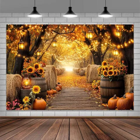 Fond de Photographie Rustique Moisson d'Automne Action de Grâce Cabane en Bois Citrouille Feuille d'Érable Décoration Murale