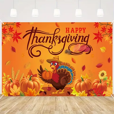 Panno di Sfondo per il Ringraziamento Autunno Zucca Foglia d'Acero Tacchino Cartone Animato Festa Fotografia Sfondo Banner Decor
