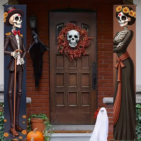 Messico Giorno dei Morti Banner per Portico Decorativo Scheletro Floreale Coppia Stampata Banner per Porta Decorazioni