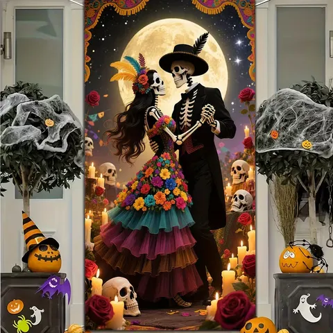 Polyester Mexico Day Of The Dead Door Banner Traditional Skull Rose Candle Print Halloween Festive Hanging Tapestry Decoration