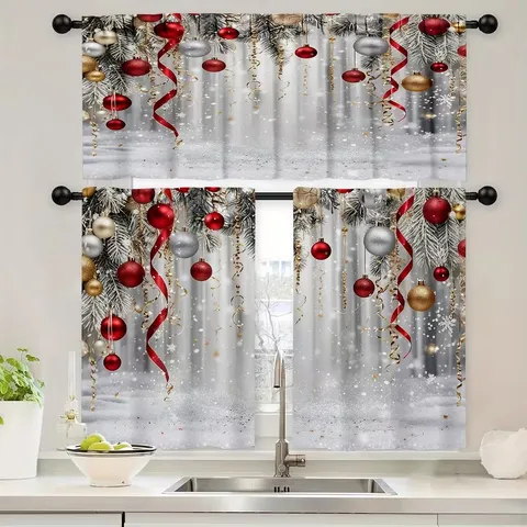 Christmas Kitchen Curtains Set Digital Printed Polyester Rod Pocket Window Valance Tiers Elk Snowman Pine Cone Pattern Festive Home Decor