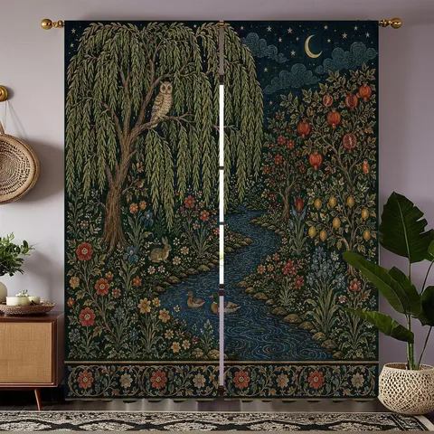 Vintage Botanical Forest Pattern Polyester Decorative Curtains Retro Artsy Printed Blackout Rod Pocket Curtains For Living Room Bedroom Decor