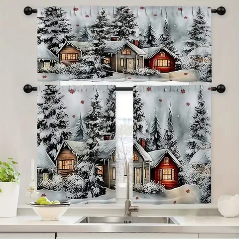 Christmas Kitchen Window Curtain Set Polyester Gingerbread Man Print Tier And Valance Set For Holiday Home Kitchen Decor