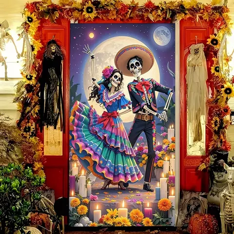 Polyester Mexico Day Of The Dead Door Banner Traditional Skull Rose Candle Print Halloween Festive Hanging Tapestry Decoration