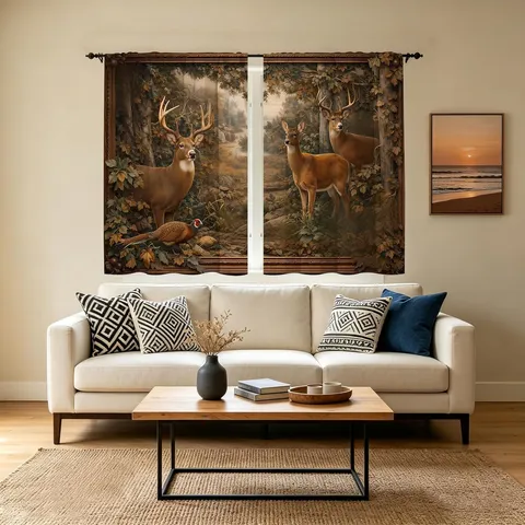 Cortinas Pequeñas Opacas de Poliéster Vintage Estilo Rústico Americano Estampado Puerta de Madera Mitología Egipcia Ciervo del Bosque Cortinas Decorativas para Sala Dormitorio