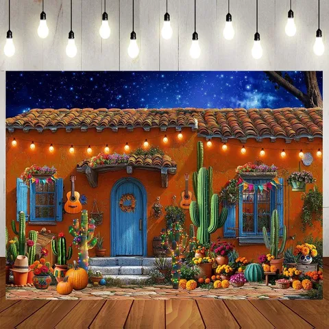 Mexicaans Carnaval Feest Achtergrond Fotografie Achtergronddoek Bloemen Cactus Gitaar Fiesta Feest Decoratie Wandtapijt