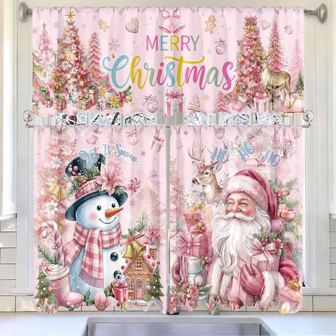 Christmas Kitchen Curtain Set Polyester Santa Claus Gingerbread Man Valance Tiers Festive Holiday Window Treatments Decor