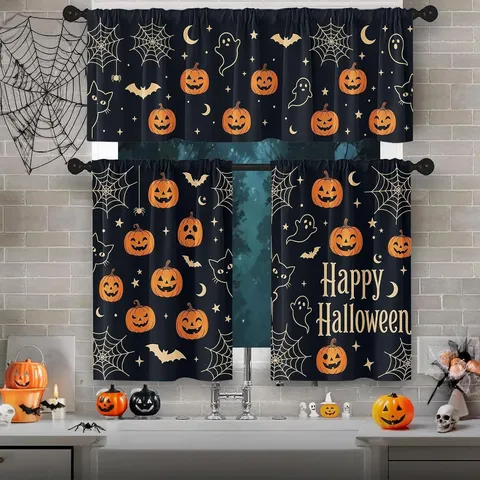 Vintage Halloween Ghost Curtains Valance Polyester Black Bat Spider Web Window Tiers For Kitchen Living Room Decor