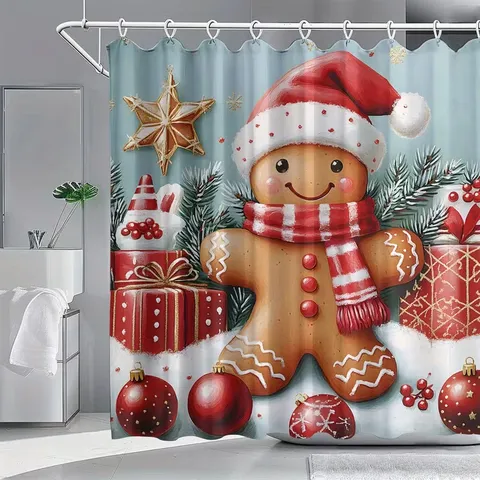 Weihnachten Lebkuchenmann Gedruckt Duschvorhang Wasserdicht Polyester Gewebe Badezimmer Dekor Mit Haken Weihnachtsbaum Muster