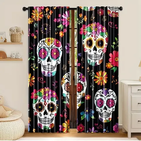 Day Of The Dead Curtains Sugar Skull Floral Printed Polyester Room Divider Mexican Traditional Party Home Decor Two Panels