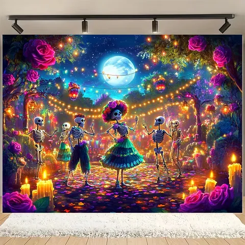 Mexican Day of the Dead Backdrop Banner Traditional Catrina Sugar Skull Marigold Floral Polyester Background Party Wall Decor