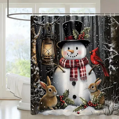 Retro Christmas Santa Claus Snowman Digital Print Polyester Shower Curtain Waterproof Bathroom Decor Festive Screen Curtain