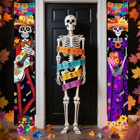 Mexican Day Of The Dead Porch Banners Sugar Skull Couple Floral Halloween Welcome Couplets For Outdoor Indoor Party Decor