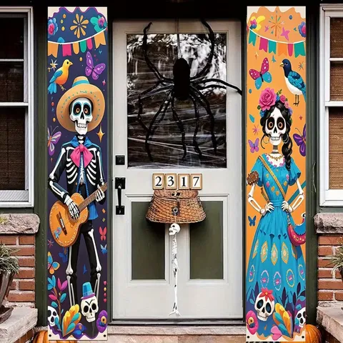Mexican Day Of The Dead Porch Banners Sugar Skull Couple Floral Halloween Welcome Couplets For Outdoor Indoor Party Decor