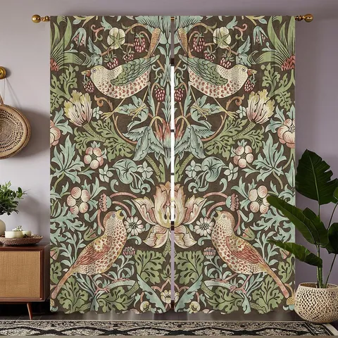 Retro Bird Floral Pattern Polyester Blackout Curtains Classic Botanical Art Print Double Panel Rod Pocket Living Room Bedroom Home Decor