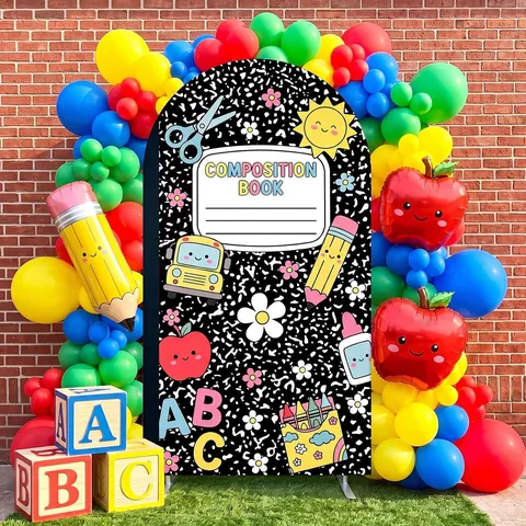 Housse de Fond en Arche Rentrée Scolaire Motif Crayon Livre de Composition Bus Scolaire Décoration de Fête