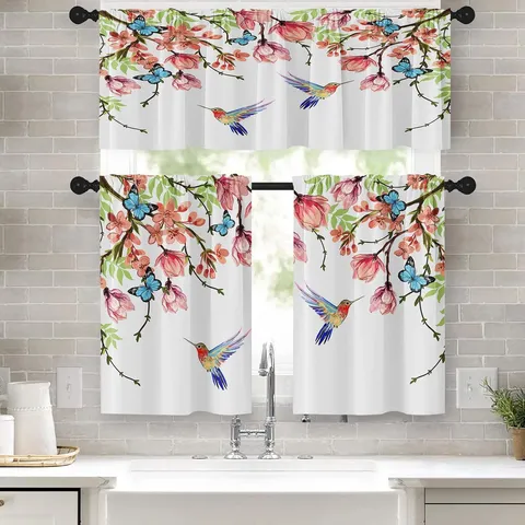 Spring Floral Kitchen Curtain Set Hummingbird Butterfly Pattern Polyester Rod Pocket Valance And Tiers Pastoral Style Window Decoration