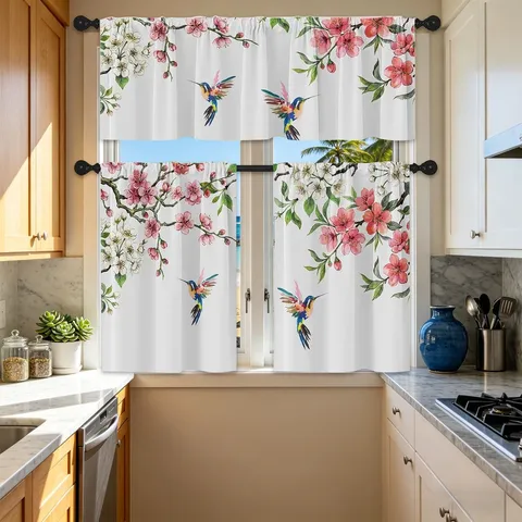 Spring Floral Kitchen Curtain Set Hummingbird Butterfly Pattern Polyester Rod Pocket Valance And Tiers Pastoral Style Window Decoration