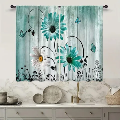 Cortinas Cortas Estilo Country Rústico Veta De Madera Margarita Estampado Bolsillo De Varilla Patrón Floral Cenefa Ventana Cocina Decoración Hogar
