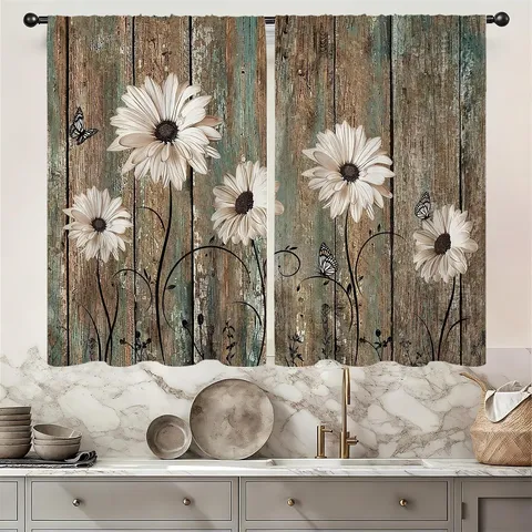 Cortinas Cortas Estilo Country Rústico Veta De Madera Margarita Estampado Bolsillo De Varilla Patrón Floral Cenefa Ventana Cocina Decoración Hogar