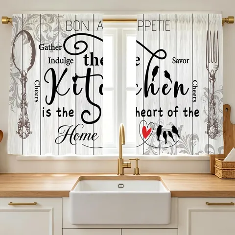 Rustic American Country Kitchen Rod Pocket Curtains Vintage Wood Grain Heart Slogan Print Small Windows Tier Curtains 2 Panels