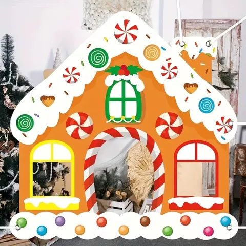 Gingerbread House Photo Booth Prop Christmas Backdrop Party Decorations Polyester Fabric Large Photography Background Banner For New Year Holiday Party