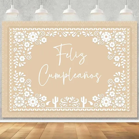Mexican Style Feliz Cumpleaños Birthday Party Backdrop Polyester Tapestry Floral Cactus Pattern Banner For Wedding Baby Shower Home Wall Decor Hanging Banner