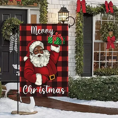 Bandera de Jardín de Navidad Impresión a Doble Cara Muñeco de Nieve Papá Noel Vaca de las Tierras Altas Decoración de Patio Exterior