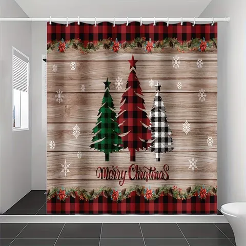Weihnachten Karomuster Weihnachtsbaum Schneeflocken Druck Polyester Duschvorhang Wasserdicht Badezimmer Deko Trennwand Hängevorhang