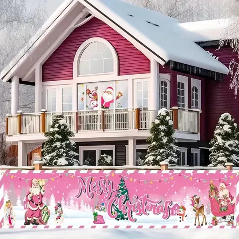 Merry Christmas Banner Outdoor Garden Fence Decoration Large Festive Xmas Yard Sign Polyester Fabric Hanging Holiday Party Backdrop