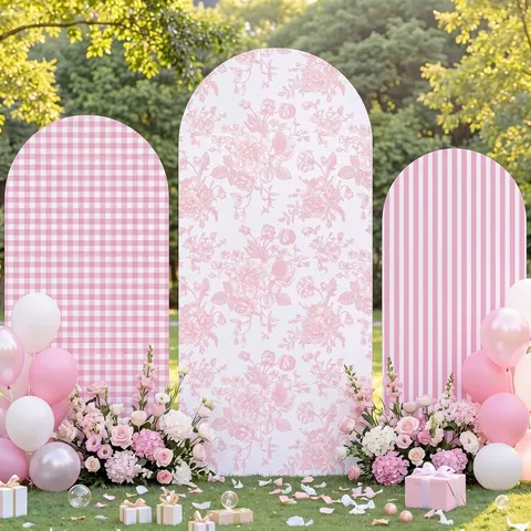 3pcs Set Arched Backdrop Covers Plaid Stripe Floral Pattern Polyester Backdrop Fabric For Wedding Baby Shower Birthday Party Photography Props Decor