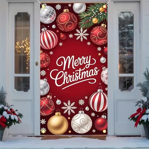 Christmas Door Banner Holiday Decoration Festive Polyester Backdrop Tapestry With Bowknot Elf Candy Print Hanging Wall Blanket For Porch Party Home Accent