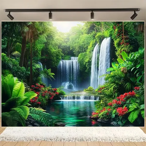 Tropical Rainforest Waterfall Tapestry Forest Green Plant Scenery Wall Hanging Photography Background Nature Landscape Decor For Home Studio