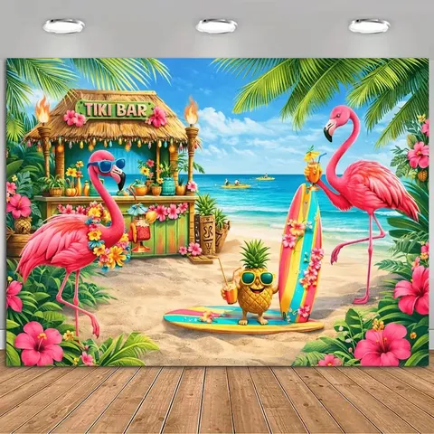 Hawaïaanse Zomer Strandfeest Achtergrond Tropische Palmbladeren Flamingo Ananas Patroon Fotografie Achtergrond Wandtapijt Thuis Feestdecoraties