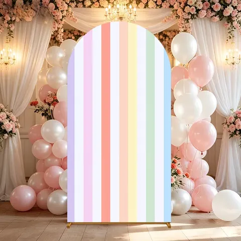 Housse de Toile de Fond Arche à Rayures Polyester Arc-en-Ciel Rayures Verticales Tissu de Fond d'Arche pour Été Plage Anniversaire Mariage Fête Banquet Décoration