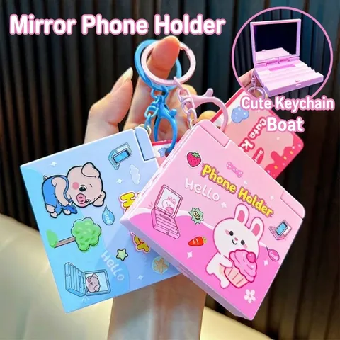 Creative Folding Mirror Keychain Multifunctional Phone Holder Cartoon Animal ABS Portable Bag Pendant Gift