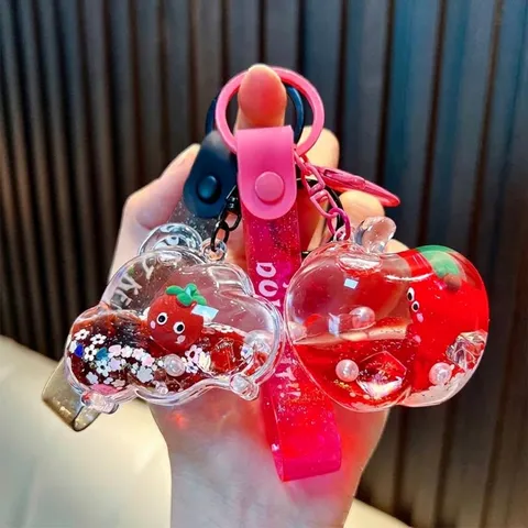 Niedliche Flüssiger Treibsand Frucht Schlüsselanhänger Frucht Schwimmende Flasche Tasche Anhänger Auto Schlüsselring Acryl Karikatur Hängendes Ornament