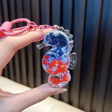 Cute Cartoon Seahorse Liquid Quicksand Keychain Clear Acrylic Creative Marine Animal Bag Pendant Glitter Sequins Backpack Charm Everyday Accessories Gift
