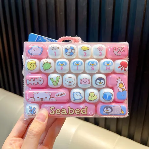 26 Keys Mechanical Keyboard Fidget Toy Keychain Ocean Theme Marine Animal Pattern Portable Stress Relief Keyring For Kids Adults
