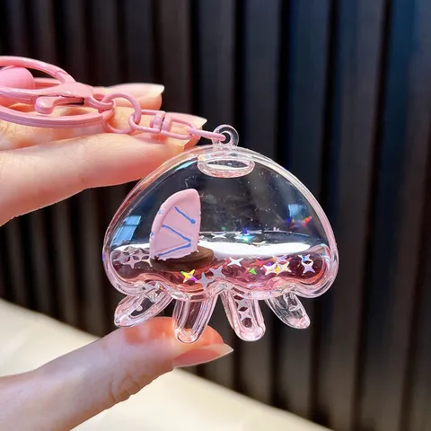 Ocean Theme Acrylic Oil Filled Octopus Keychain Cute Floating Sailboat Liquid Quicksand Pendant With Glitter Star Wrist Strap Creative Gift Accessories