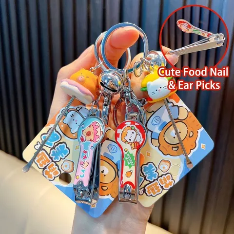 Cartoon Food Animal Keychain With Nail Clipper Ear Pick Bell Acrylic Metal Multifunctional Portable Key Ring Gift
