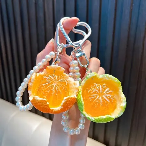 Simulation Fruit Resin Keychain Realistic Orange Apple Lemon Bag Charm With Artificial Pearl Chain Heart Clasp Women Accessories Gift