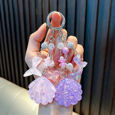 Glitter Sequin Acrylic Shell Fish Tail Heart Keychain Ocean Style Bag Charm Dreamy Phone Chain Jewelry Gift For Women