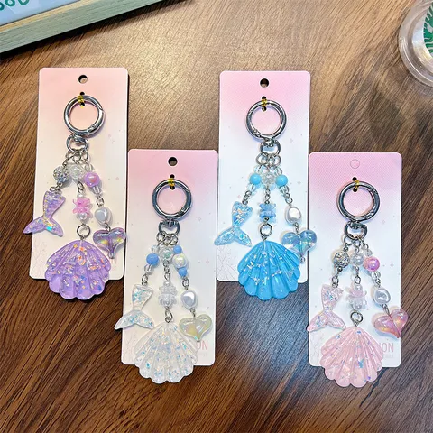 Glitter Sequin Acrylic Shell Fish Tail Heart Keychain Ocean Style Bag Charm Dreamy Phone Chain Jewelry Gift For Women