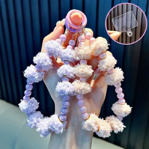 Lindo Llavero de Cadena de Teléfono con Cuentas y Pompones Cuentas de Acrílico de Colores Colgante de Bolso de Felpa para Mujeres Niñas Regalo