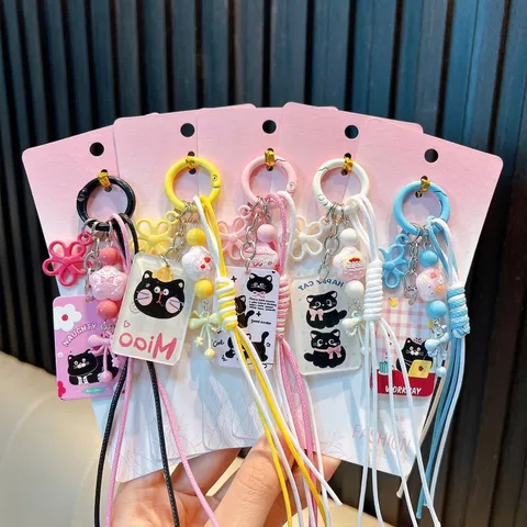 Llavero de Acrílico de Gato de Dibujos Animados Con Colgante de Flor Colorida Y Cuerda Trenzada Lindo Adorno de Teléfono Para Bolso Regalo Niñas